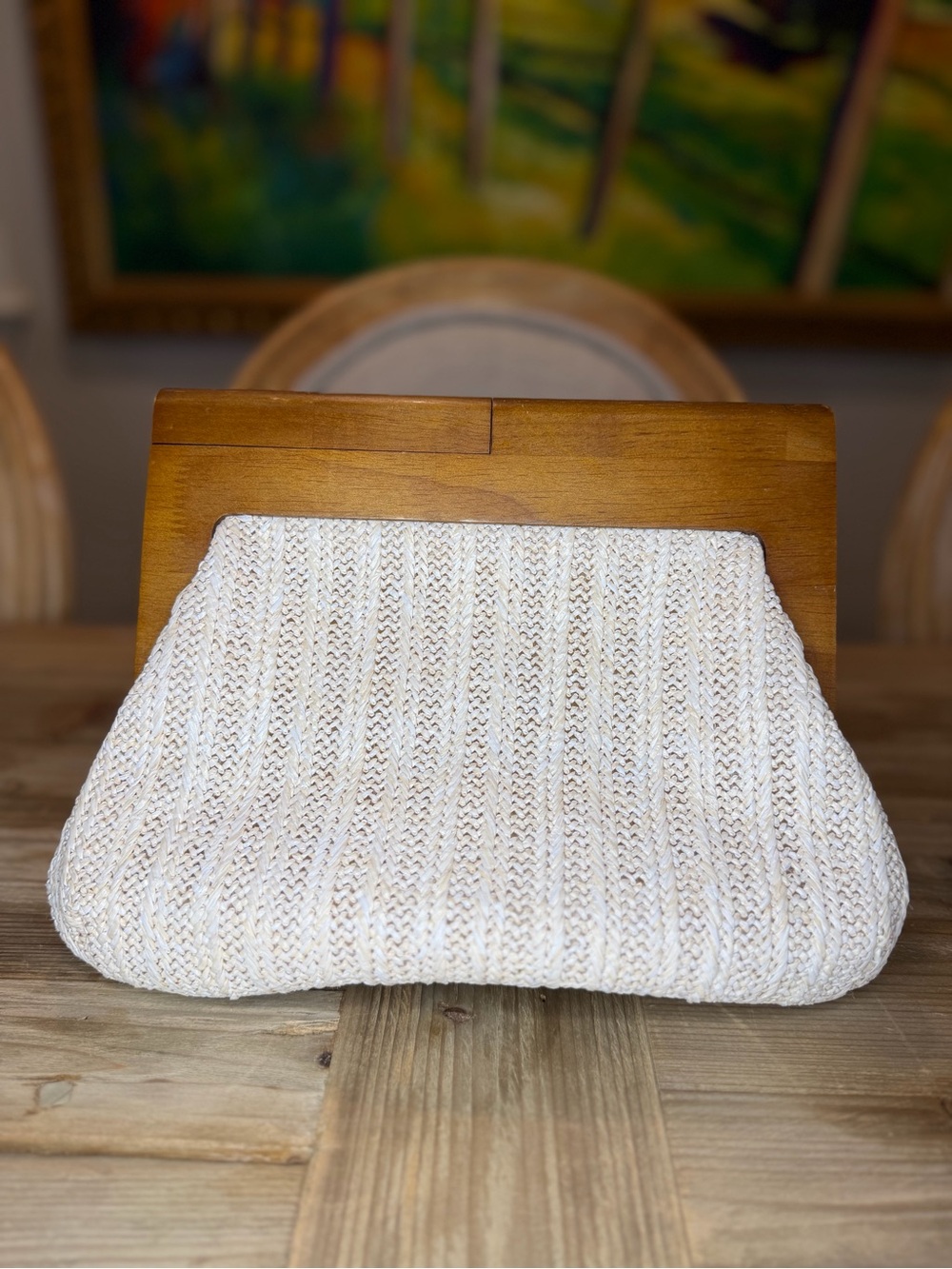 Shiraleah Chicago Cream Knit Clutch with Wooden Frame